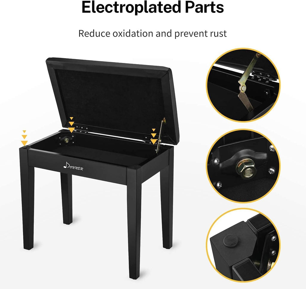Black Solid Wood Piano Bench with Storage R1435