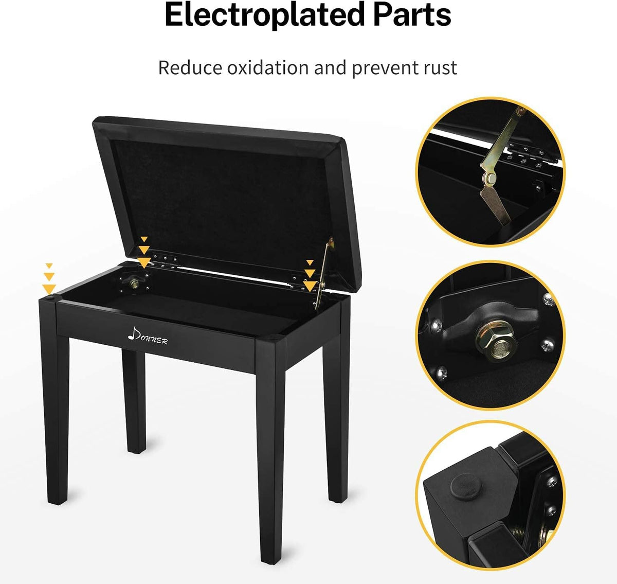 Black Solid Wood Piano Bench with Storage R1435