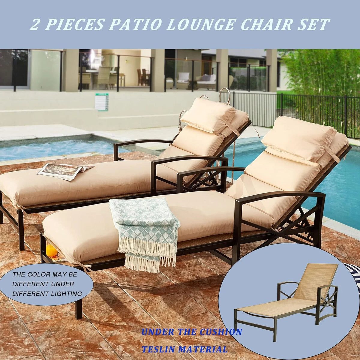 2 Piece Patio Chaise Lounge Chair Set with Cushions V568