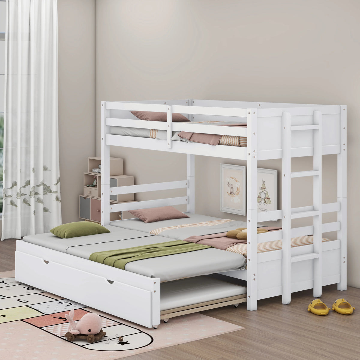 White Twin Over Full Solid Wood Bunk Bed with Trundle Q682604