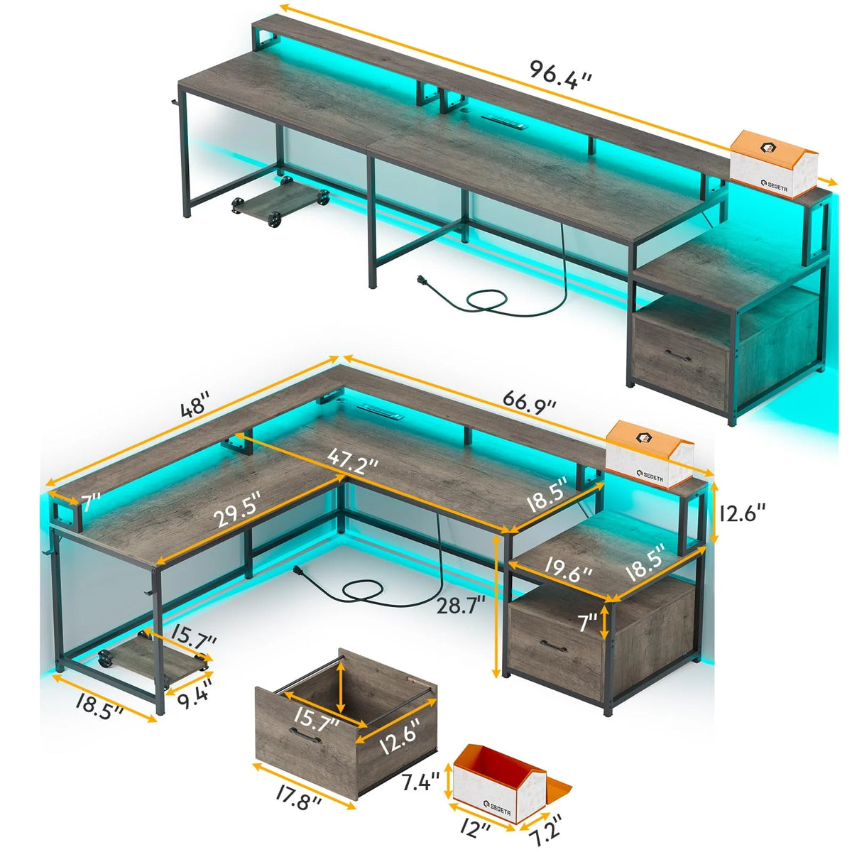 L Shaped Desk with Power Outlet and LED Lights V508