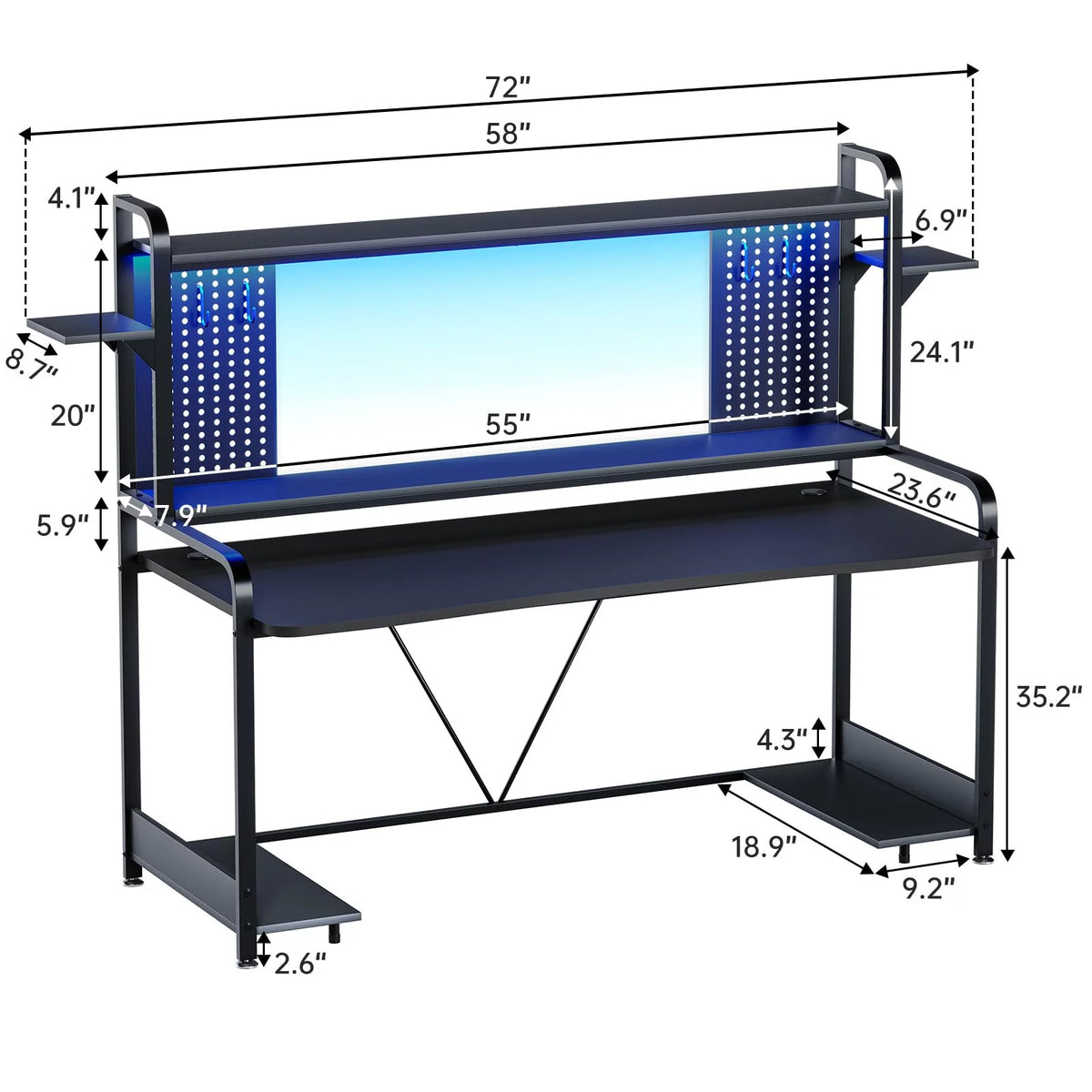 Black 55" Gaming Desk with LED Lights and Shelves Y665