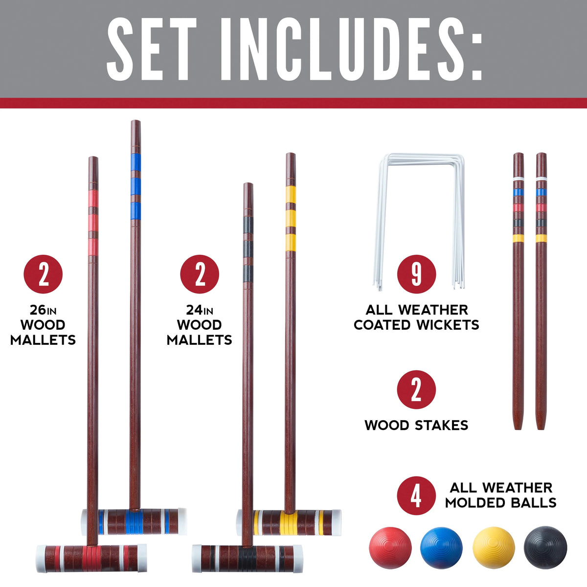 4 Croquet Wood Mallets 4 Balls 2 Wood Stakes 9 Metal Wickets Croquet Set O615