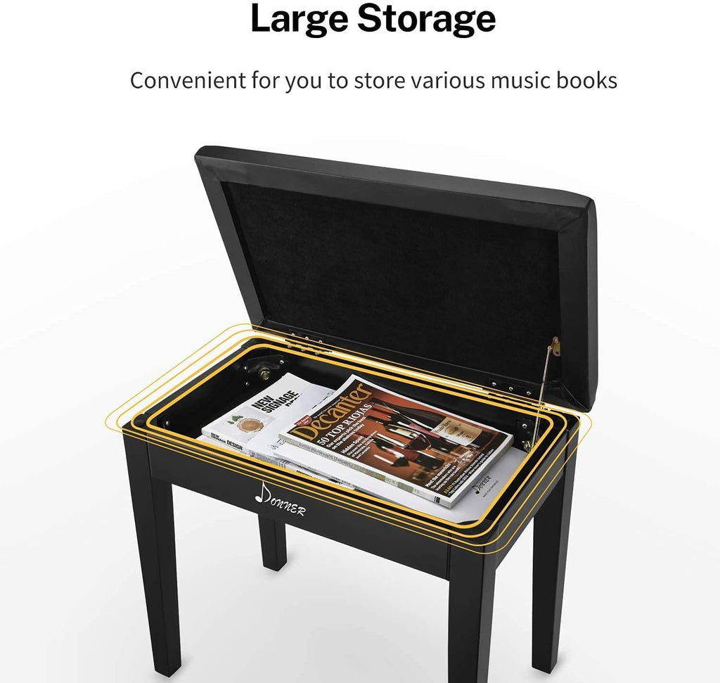 Black Solid Wood Piano Bench with Storage R1435