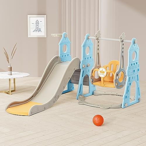 Blue & Yellow 4-in-1 Toddler Slide and Swing Set with Extra Large Playground, Basketball Hoop & Climber V51045