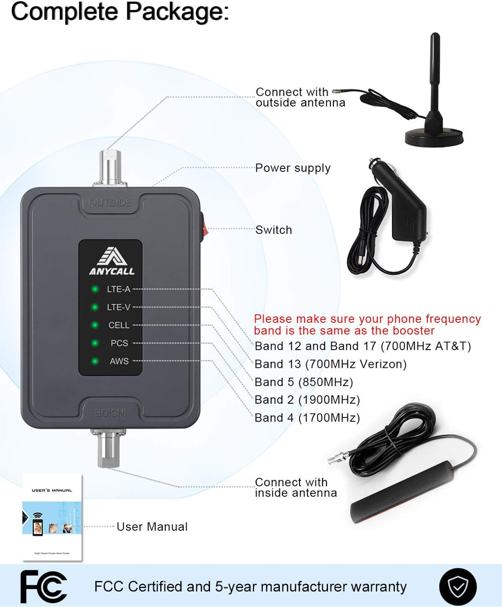 5 Bands Vehicle Cell Signal Booster for 3G 4G LTE Voice & Data L499