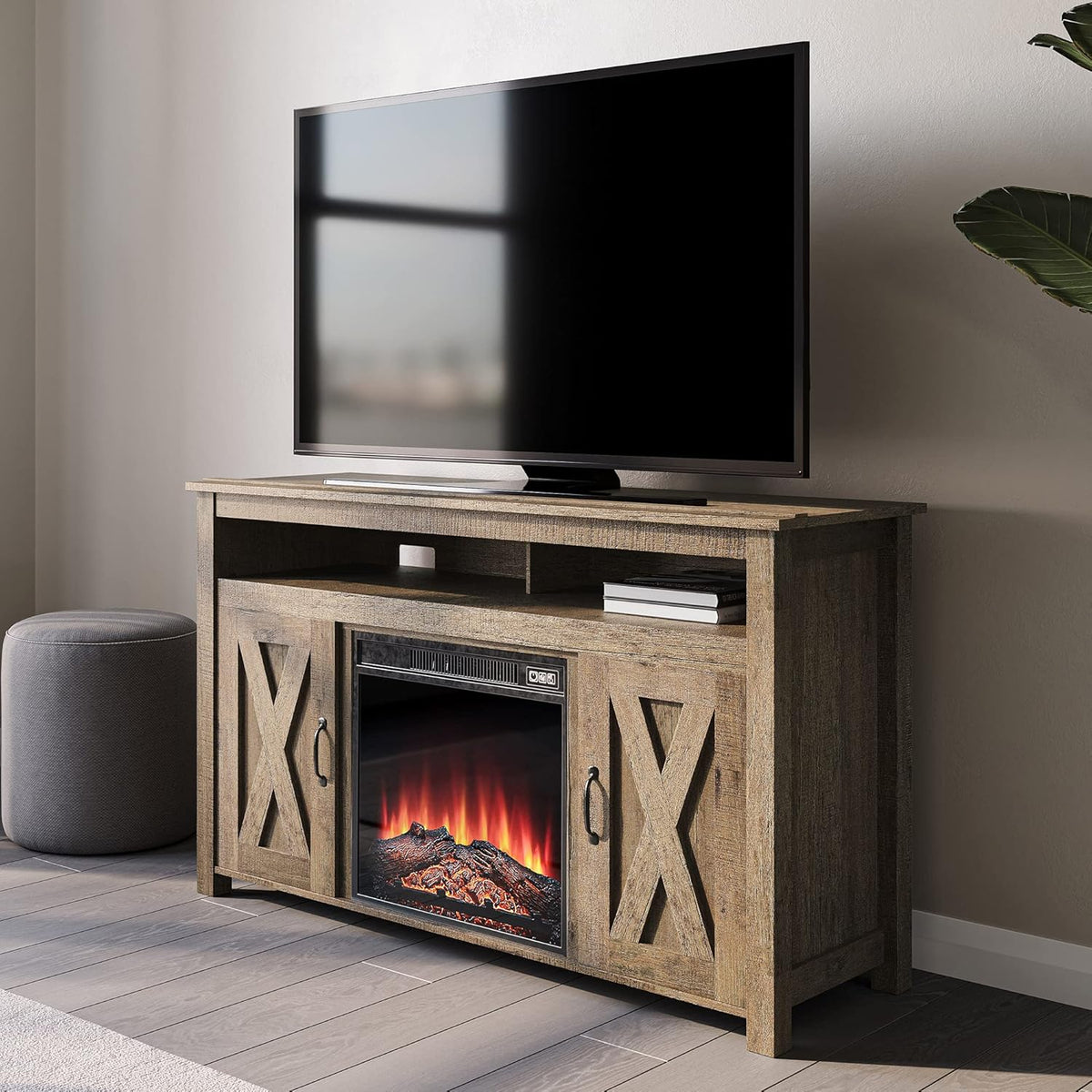 Wood Electric Fireplace TV Stand with Shelves and Cabinets B50601