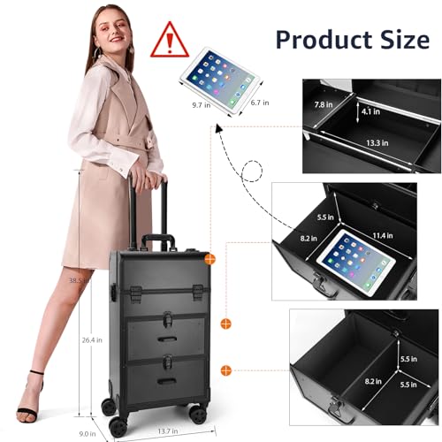 Black Rolling Makeup Train Case with Swivel Wheels M200776