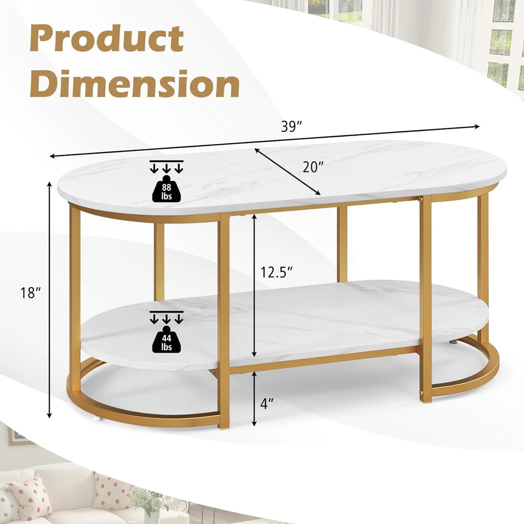 Gold 39” Oval 2 Tiers Faux Marble Top Metal Frame Coffee Table J614750
