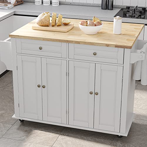White Rolling Kitchen Island with Drop Leaf and Storage Cabinet S20451