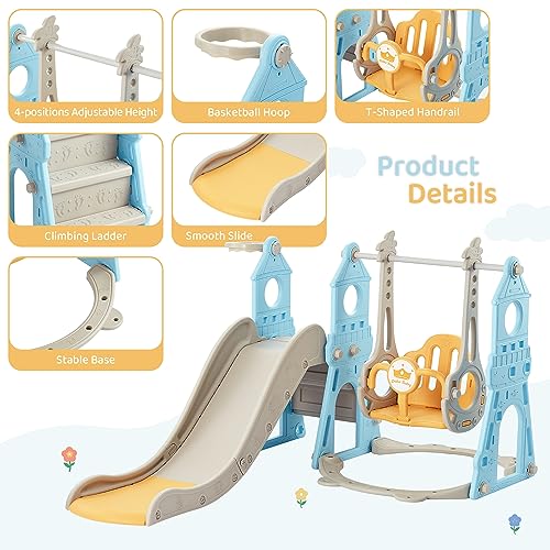 Blue & Yellow 4-in-1 Toddler Slide and Swing Set with Extra Large Playground, Basketball Hoop & Climber V51045