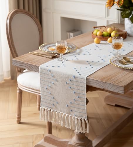 Natural Cotton Woven Table Runner with Tassels, Red and Beige K4414