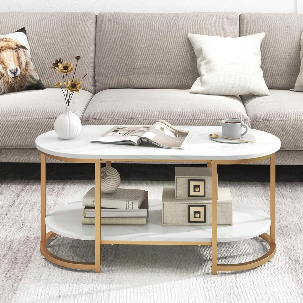Gold 39” Oval 2 Tiers Faux Marble Top Metal Frame Coffee Table J614750