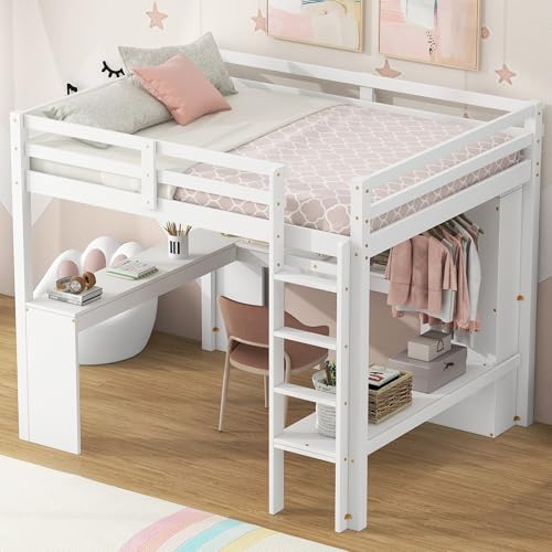 Grey Wood Full Size Loft Bed Frame with Desk, Wardrobe and Shelves B316