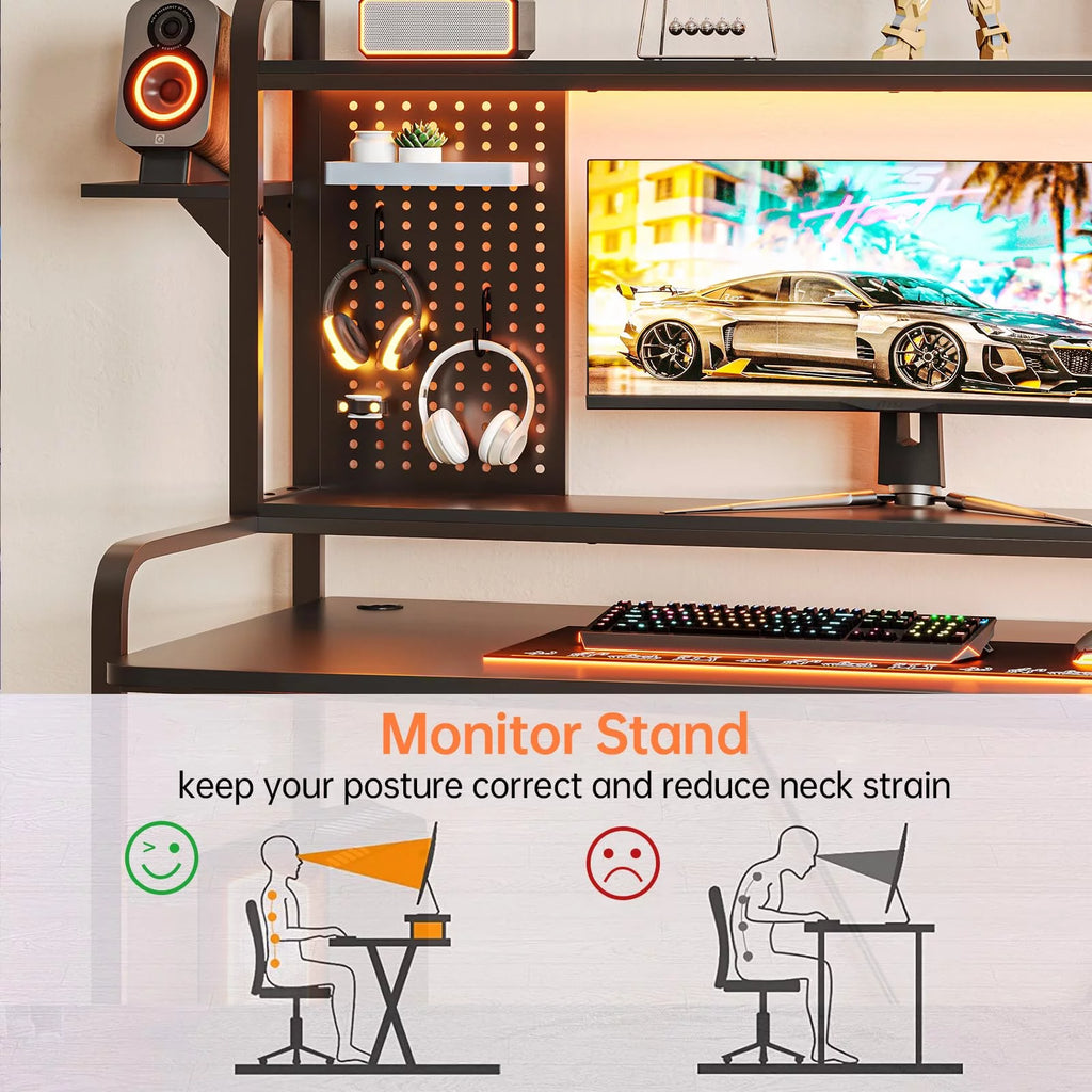 Black 55" Gaming Desk with LED Lights and Shelves Y665