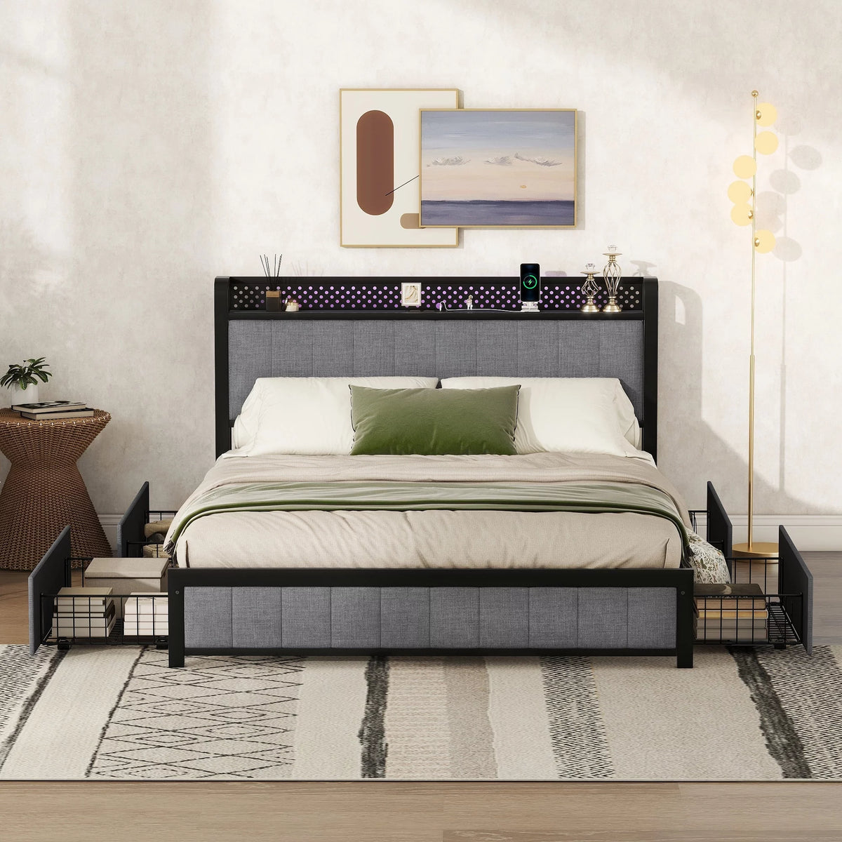 Queen LED Bed Frame with 4 Drawers Z73756