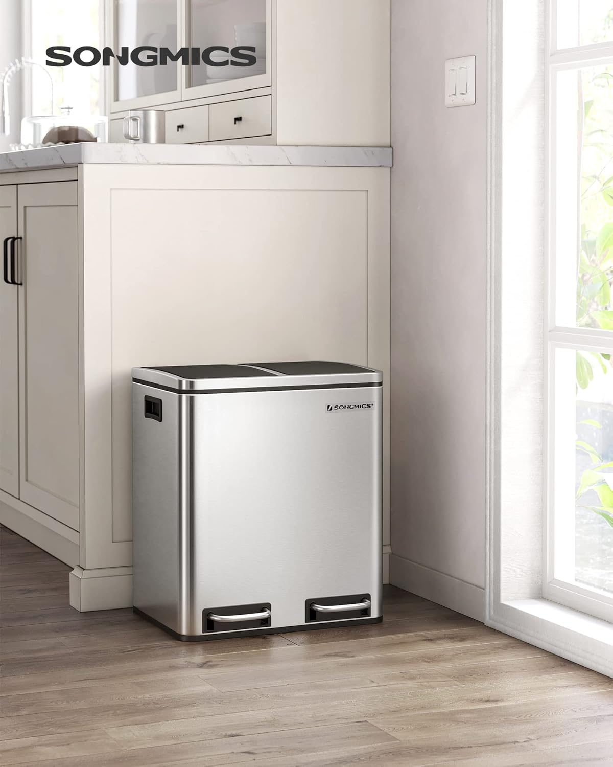 Silver Steel Dual Trash Can 2 x 4 Gal with Lid F3855
