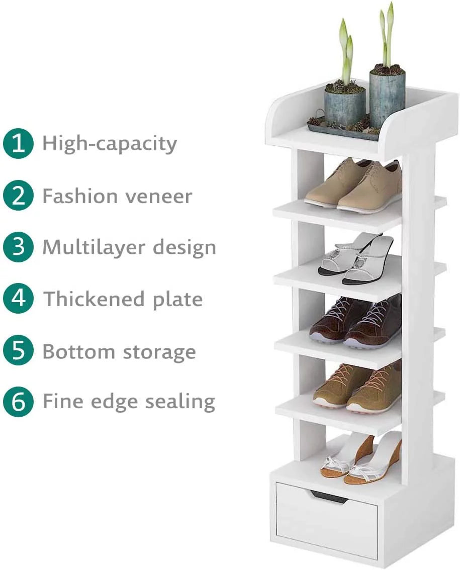 6-Tier White Wooden Shoe Rack with Storage Drawer V740