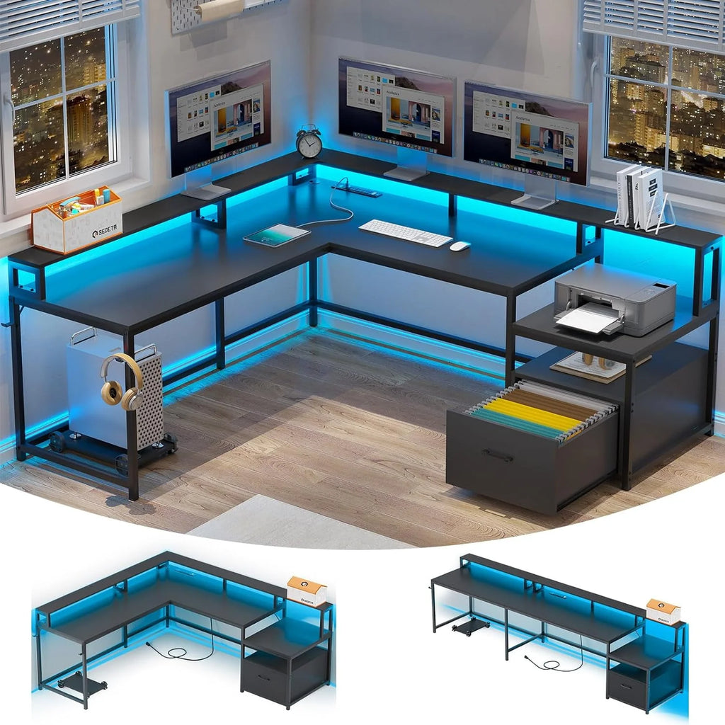 L Shaped Desk with Power Outlet and LED Lights V508