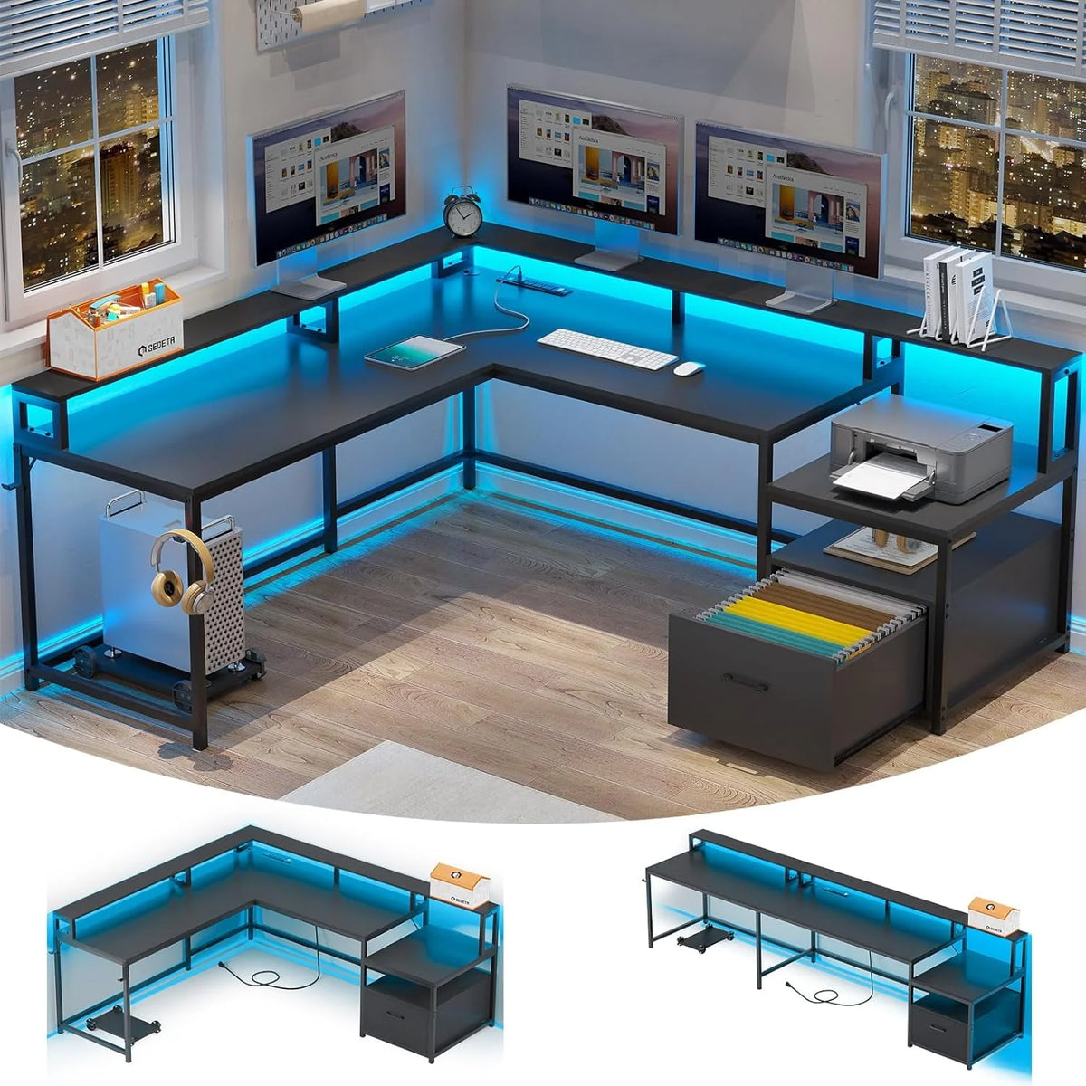 L Shaped Desk with Power Outlet and LED Lights V508