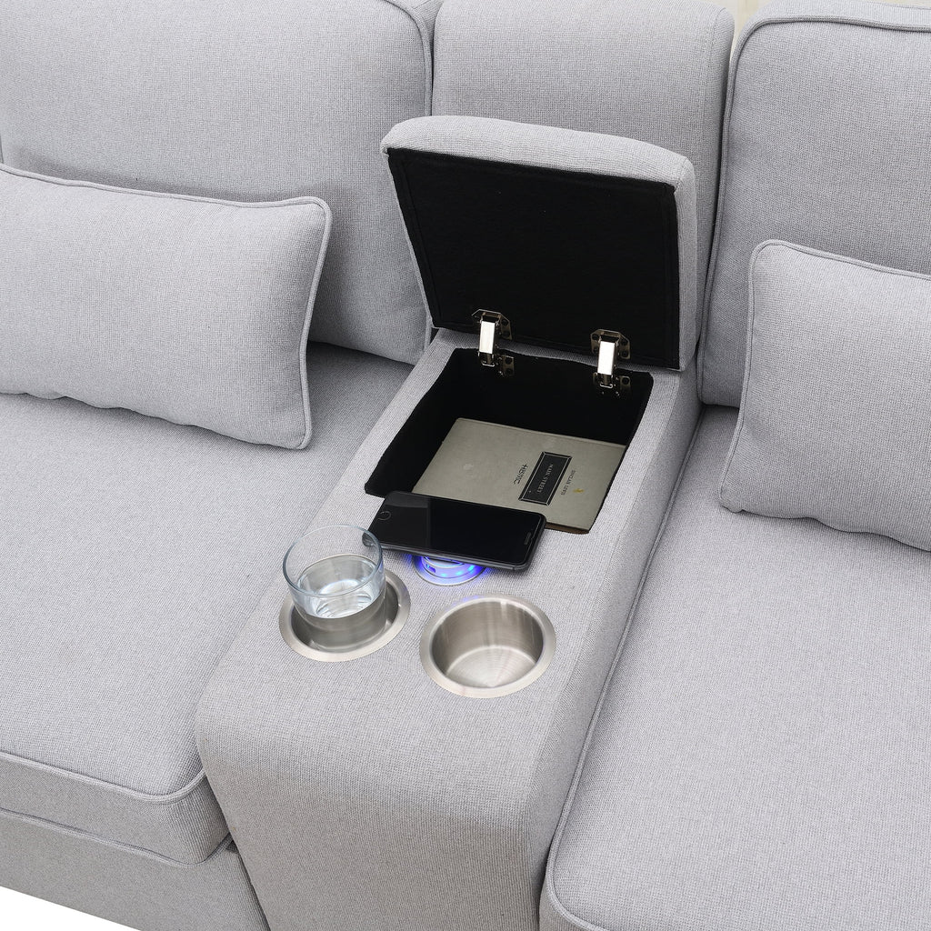 Upholstered Sofa with Console, 2 Cupholders and 2 USB Ports, Linen Fabric, 4-Seat Z1723