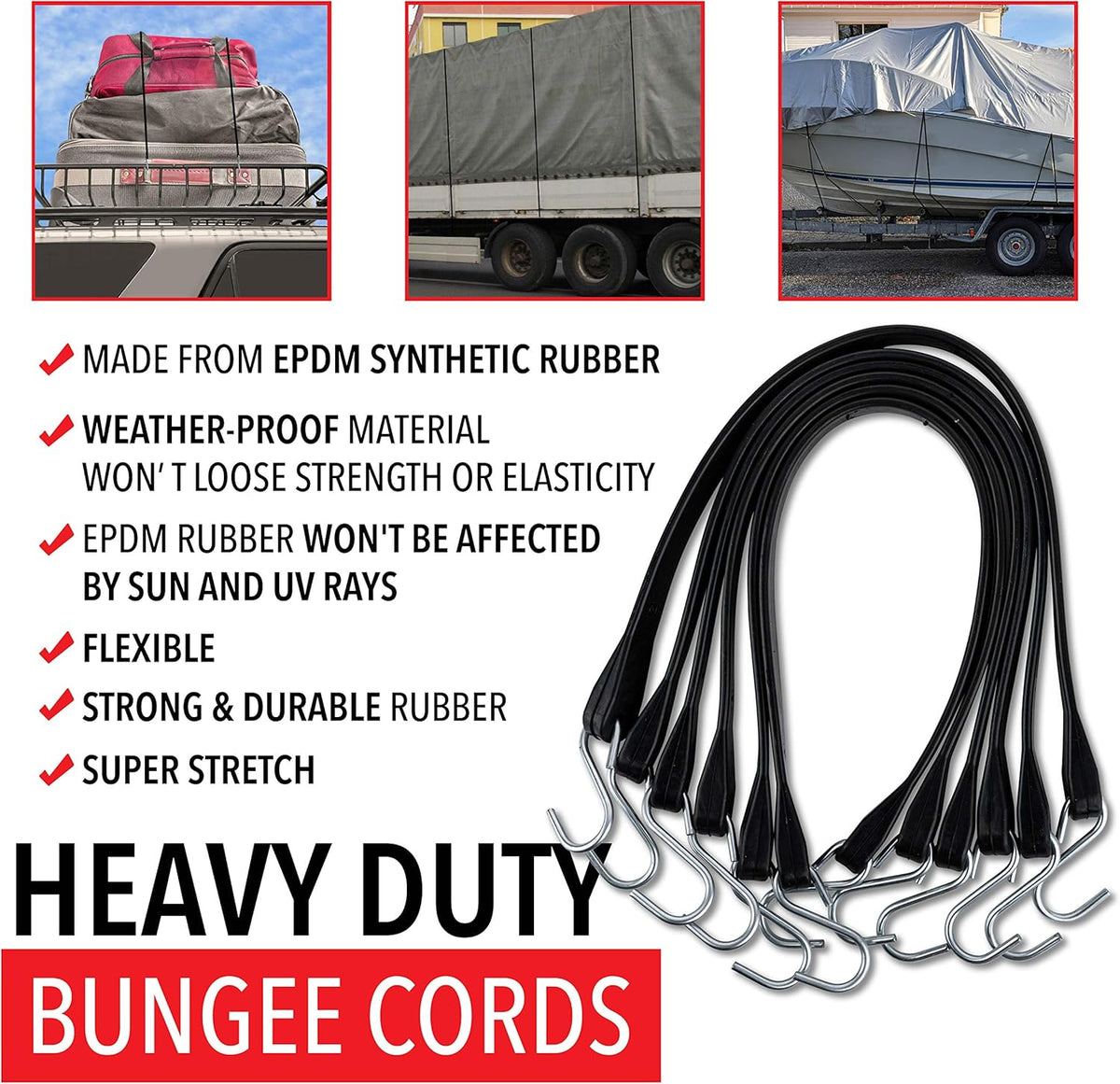 50 Pack Rubber Tarp Straps 10 Long EPDM with Crimped Hooks V497