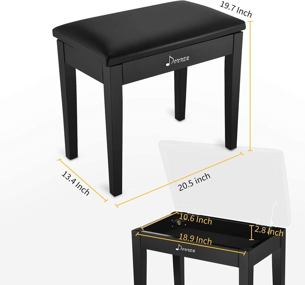Black Solid Wood Piano Bench with Storage R1435