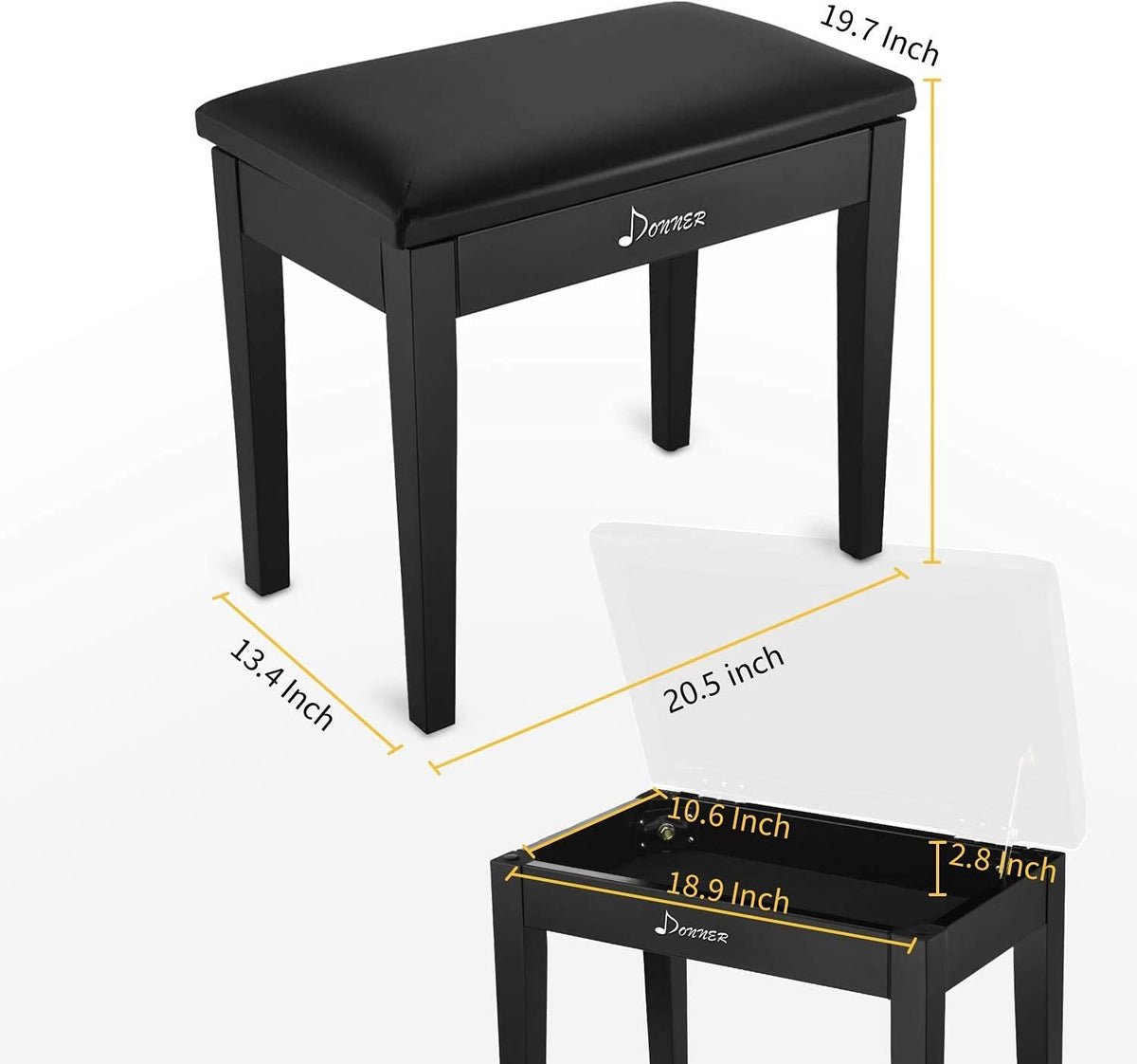 Black Solid Wood Piano Bench with Storage R1435