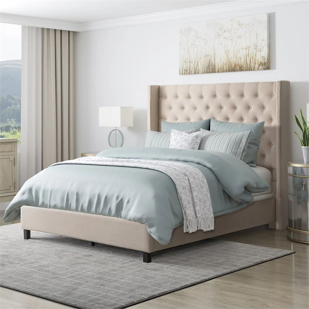 Cream Fabric Tufted Wingback Queen Bed with Slats I836487