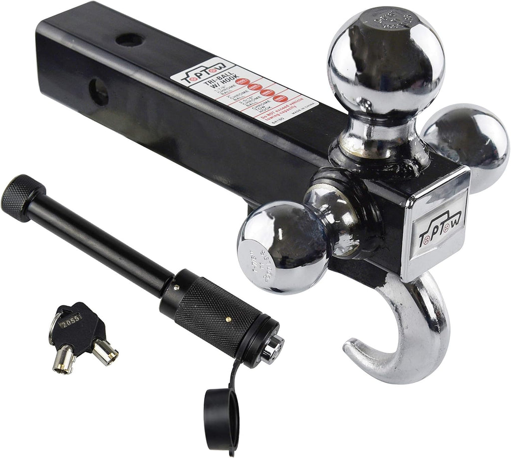 Trailer Tri Ball Hitch with Hook, 2 inch Receiver, Chrome, 5/8 inch Hitch Lock, Pack of 2 V880