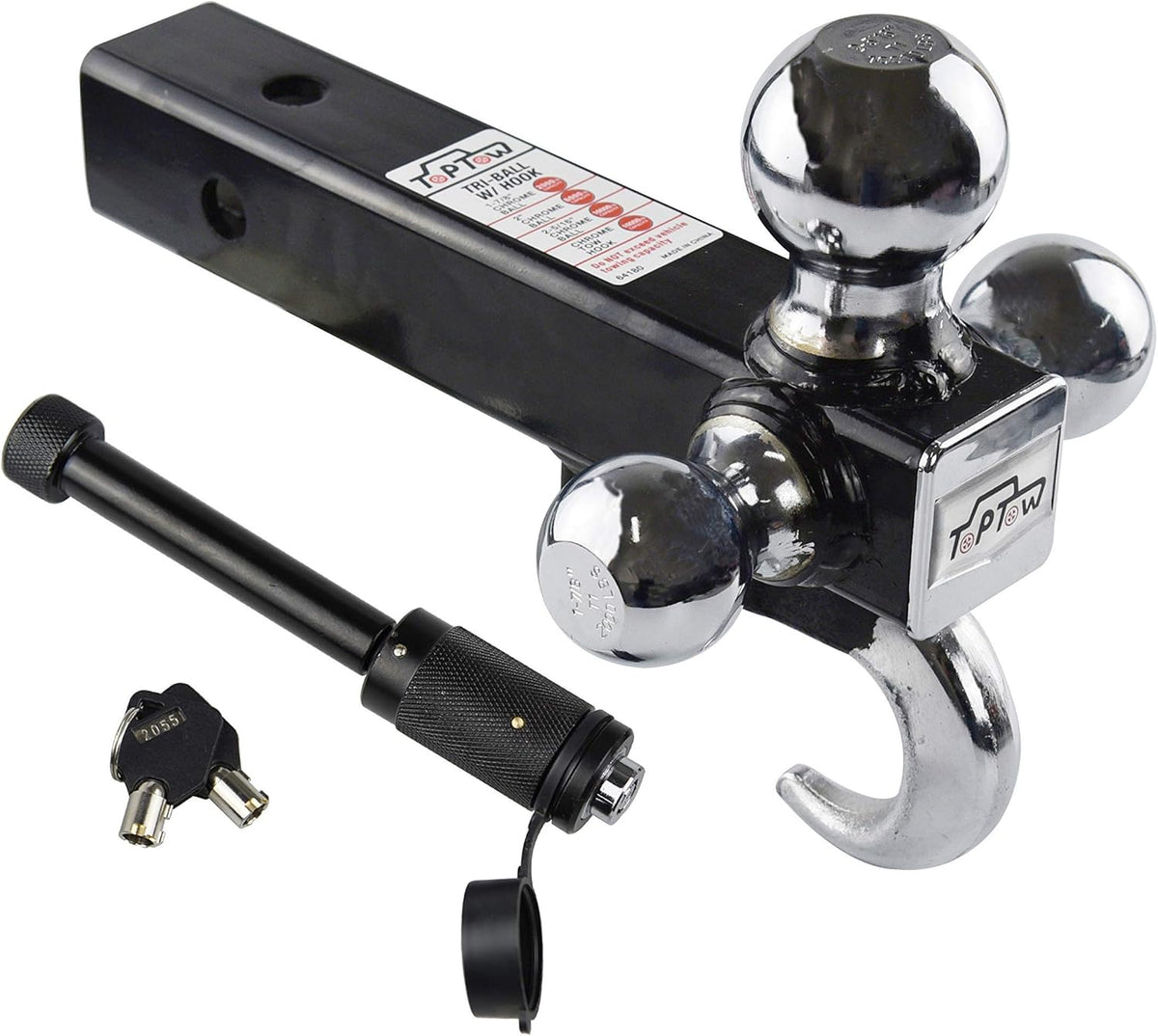 Trailer Tri Ball Hitch with Hook, 2 inch Receiver, Chrome, 5/8 inch Hitch Lock, Pack of 2 V880