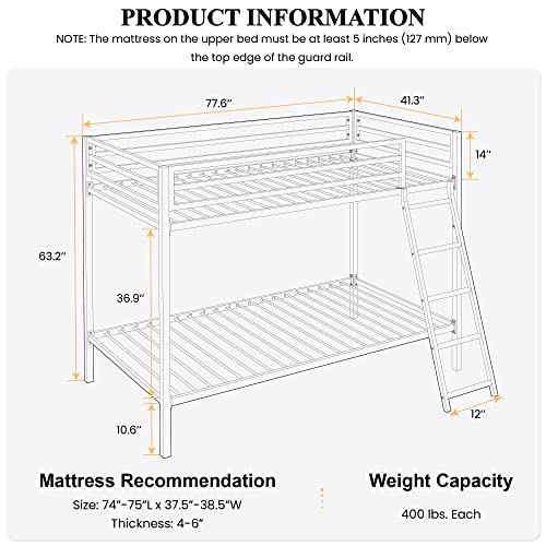 Black Twin Over Twin Size Loft Bunk Bed with Ladder and Guardrail C642