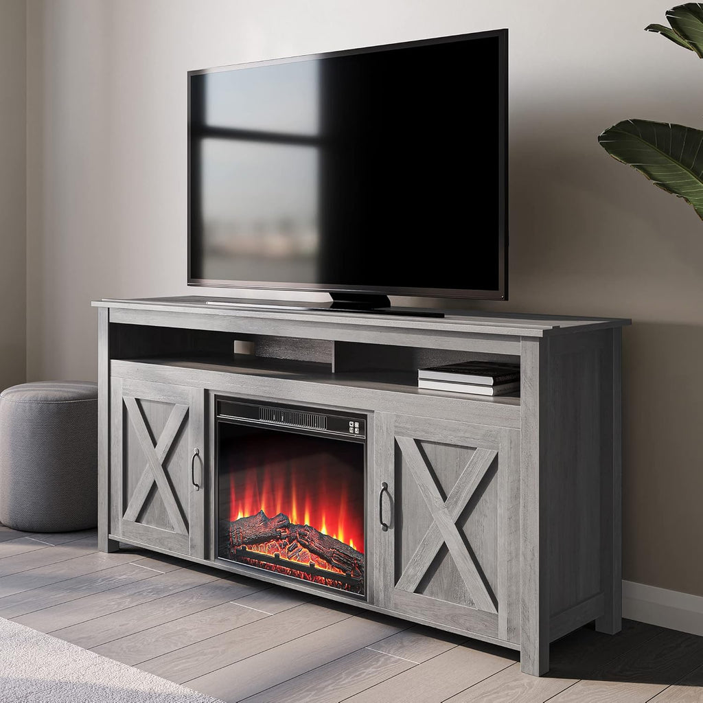 Wood Electric Fireplace TV Stand with Shelves and Cabinets B50601