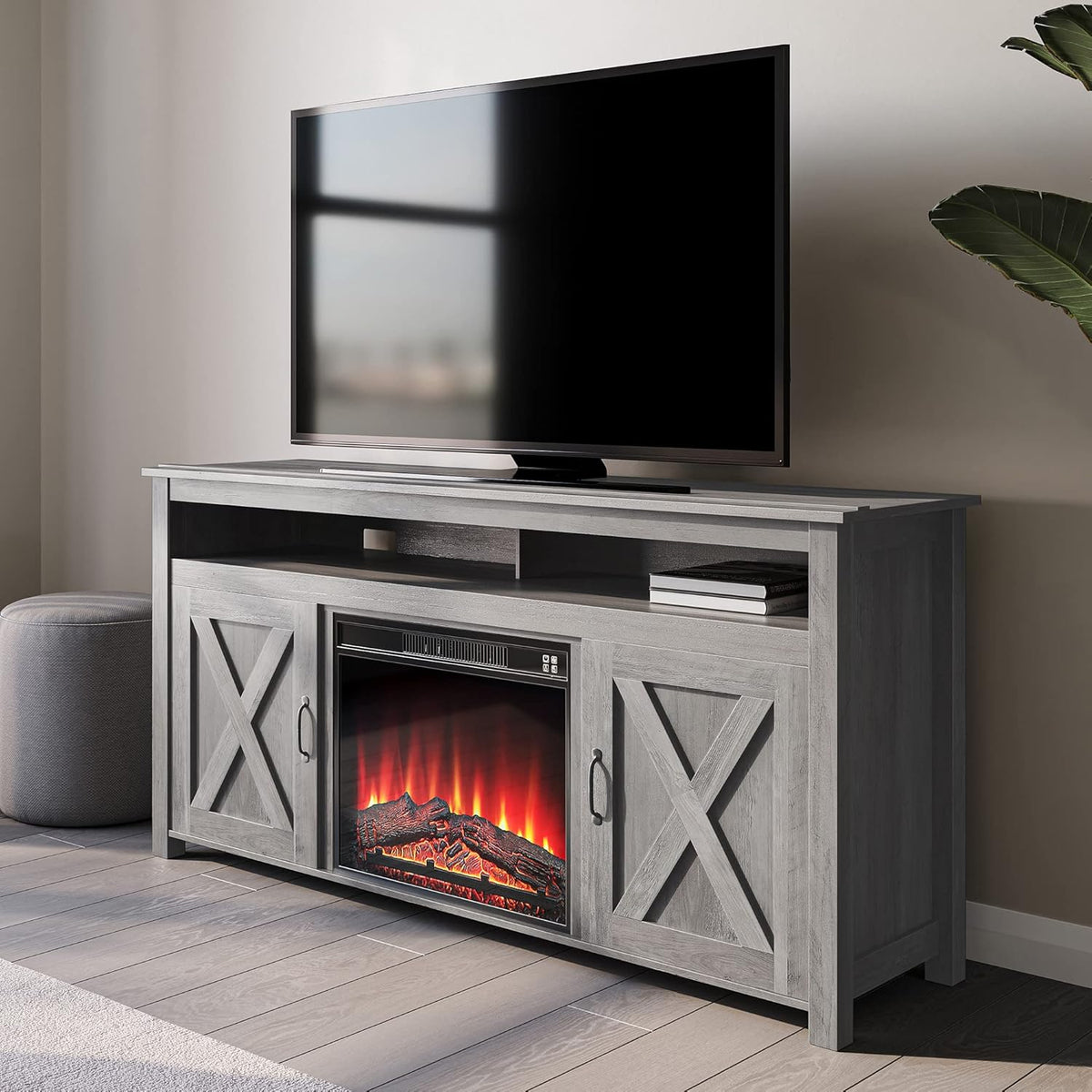 Wood Electric Fireplace TV Stand with Shelves and Cabinets B50601