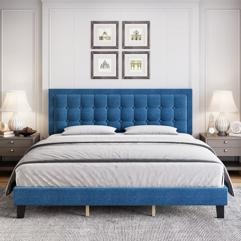 Full Size Blue Upholstered Platform Bed with Tufted Headboard E2017