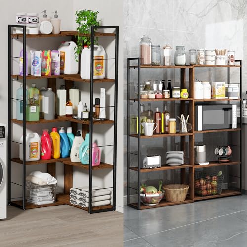 5 Tier Corner Bookshelf with 2 Hooks Adjustable Shelves Rustic Brown Z702979