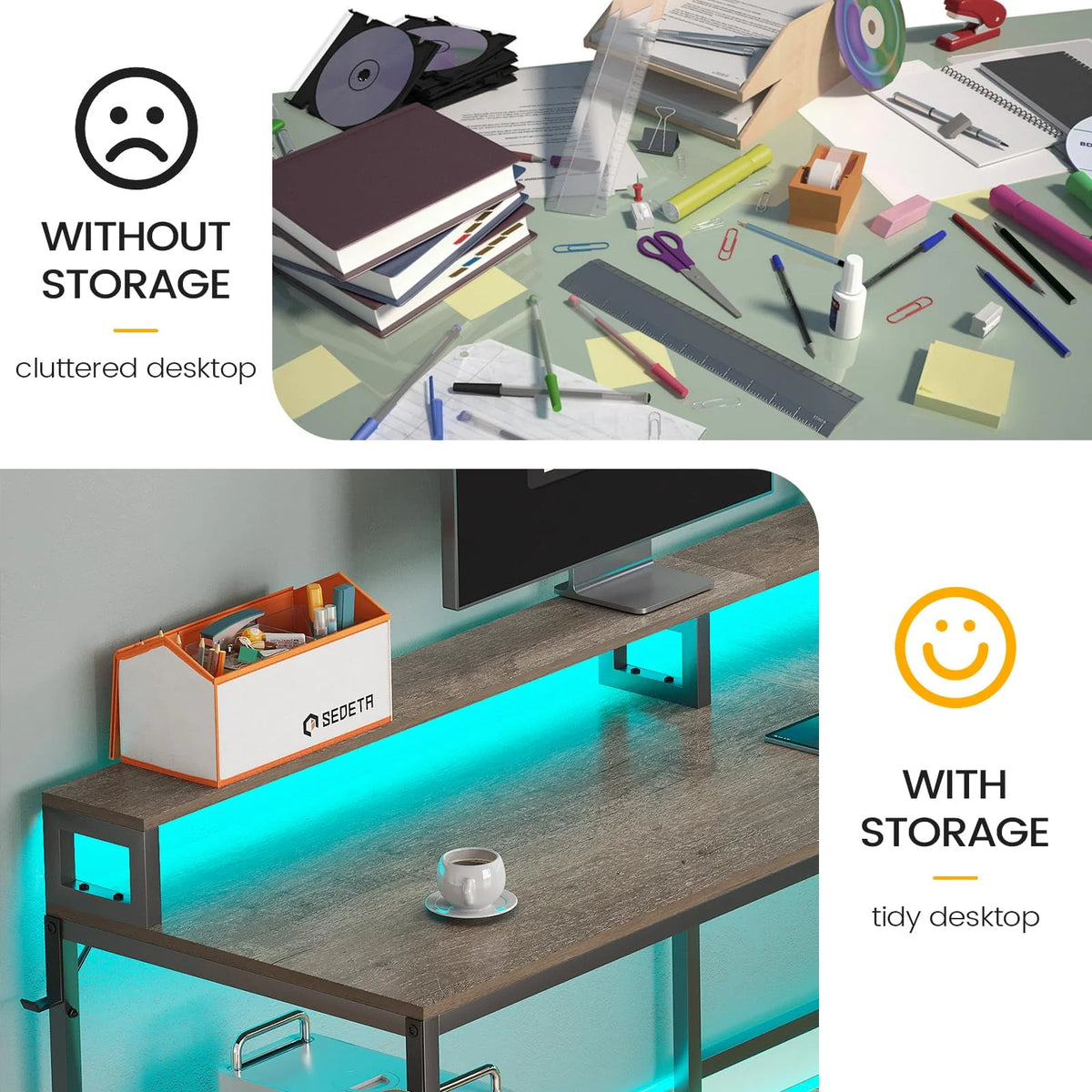 L Shaped Desk with Power Outlet and LED Lights V508