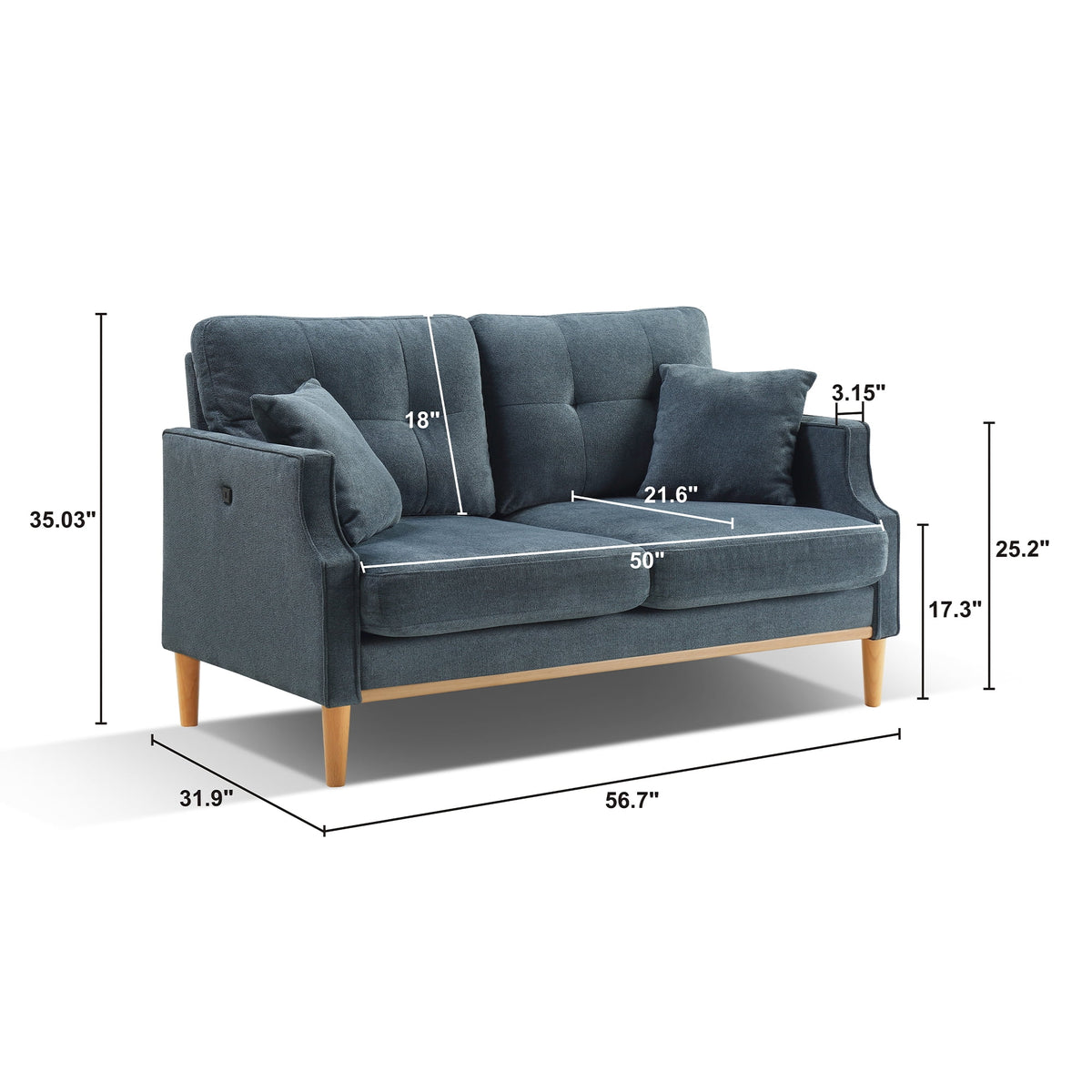 Blue Sofa with Two Pillows and USB Charge Port S74838