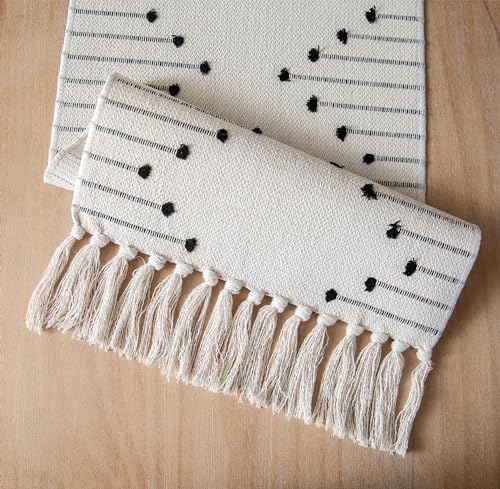 Natural Cotton Woven Table Runner with Tassels, Red and Beige K4414