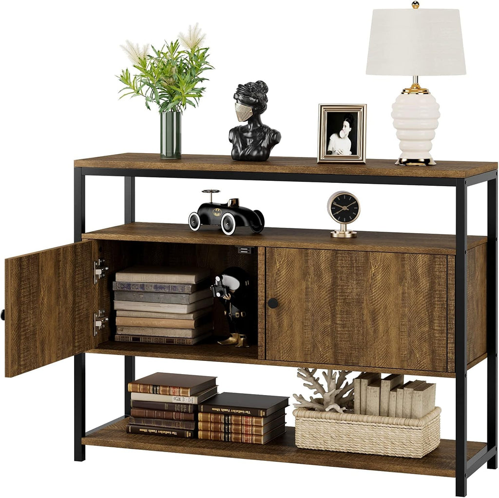 Walnut Brown 3-Tier Console Table with 2 Cabinet Doors W6139