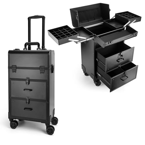 Black Rolling Makeup Train Case with Swivel Wheels M200776
