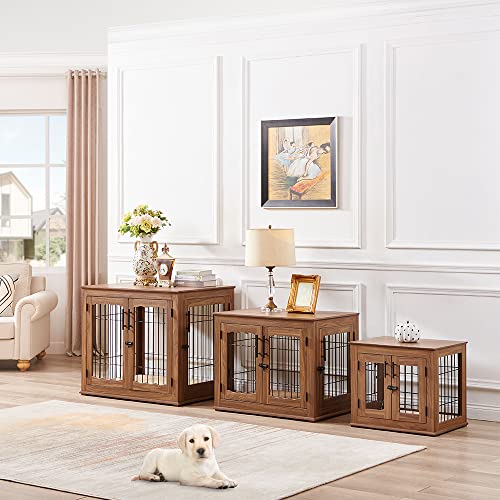Double Doors Wooden Wire Dog Crate with Pet Bed F6789