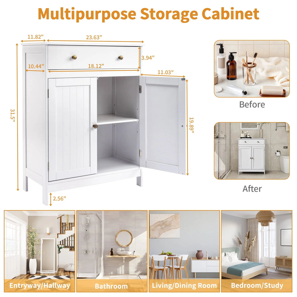 White Wooden 2-Door Bathroom Cabinet with 1 Drawer F964
