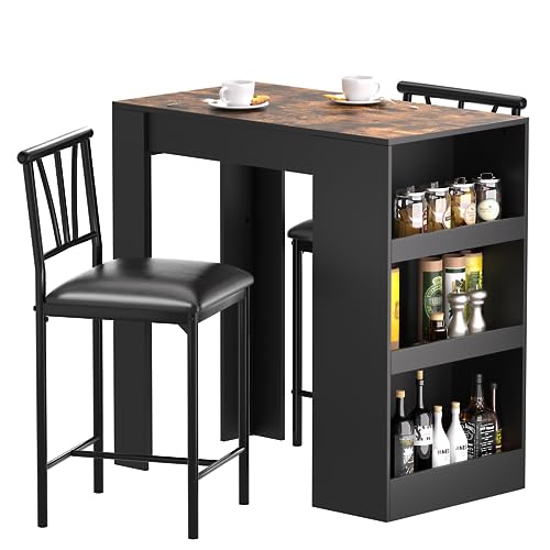 Gray Small Bar Table and Chairs Dining Set for 2 with Storage Shelves N206285