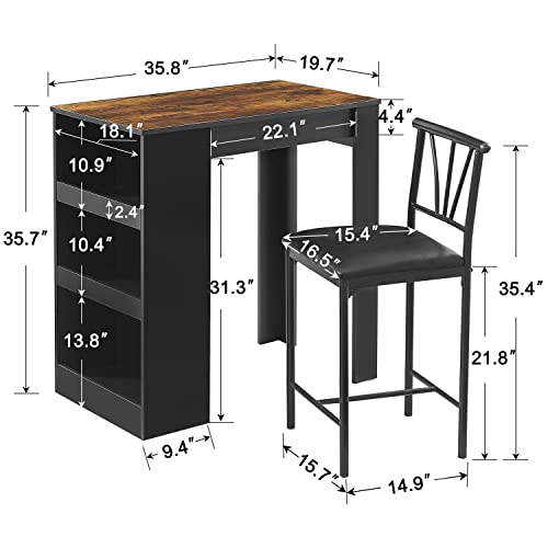 Gray Small Bar Table and Chairs Dining Set for 2 with Storage Shelves N206285