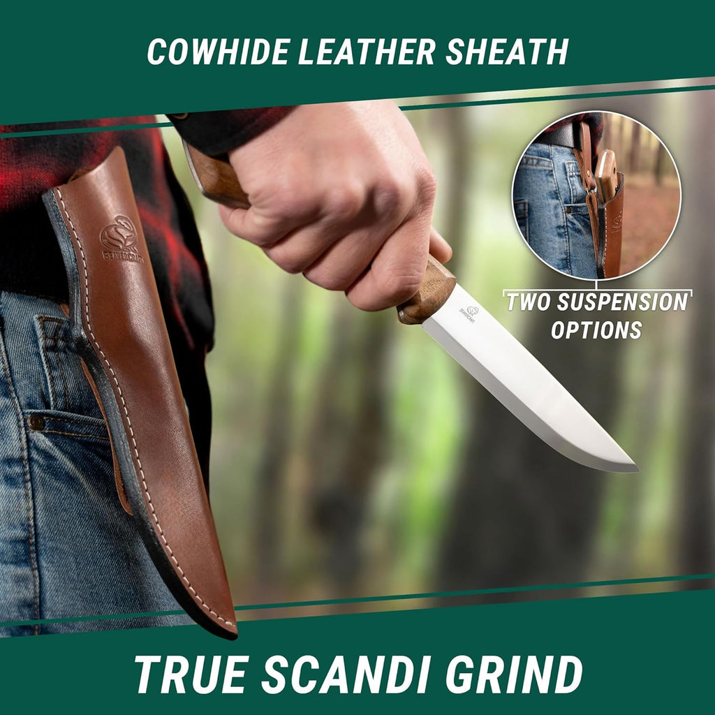 Bushcraft Knife Fixed Blade with Leather Sheath Full Tang Carbon Steel K7576