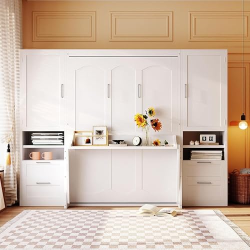 Full White Wood Murphy Bed with Desk and Storage L62664
