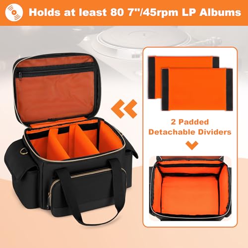 Vinyl Record Storage Box for 7 Inch Records, 80+ LP Carrying Bag with Dividers U64691