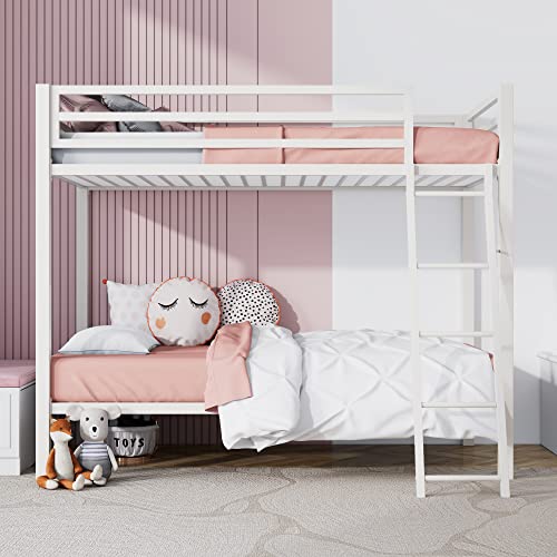 Black Twin Over Twin Size Loft Bunk Bed with Ladder and Guardrail C642