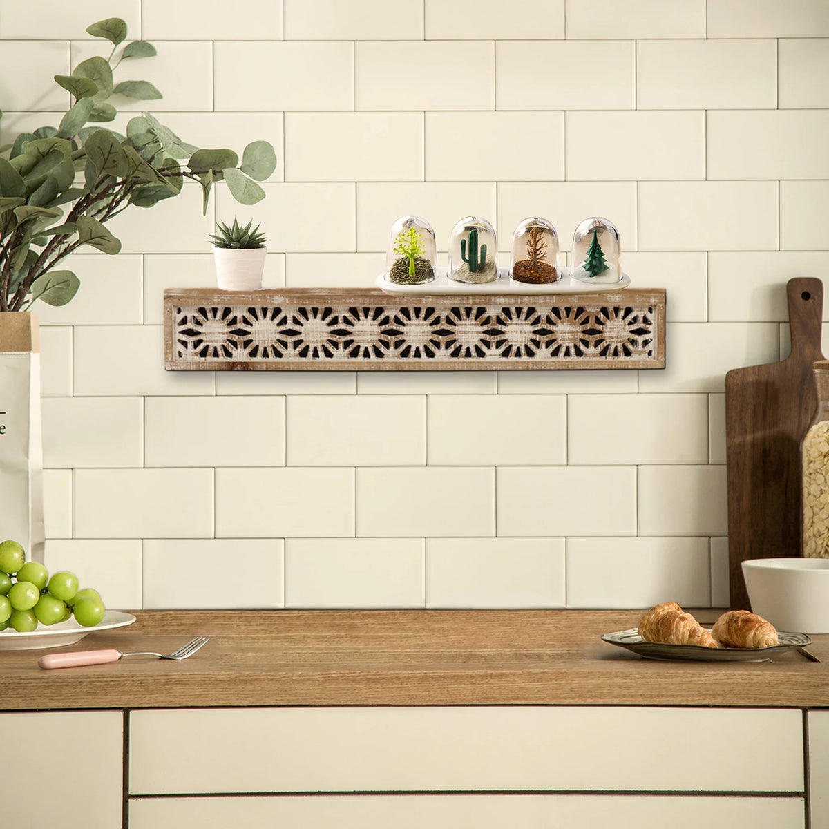 Hand-Carved Wooden Floral-Patterned Floating Wall Shelf W134
